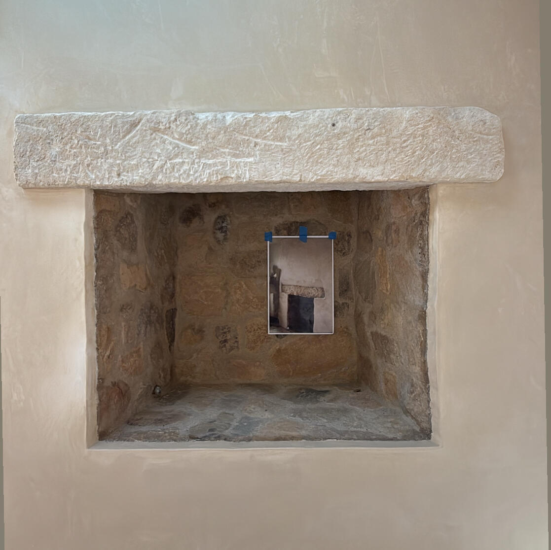 Beautiful herringbone patterned brick inside a fireplace.
